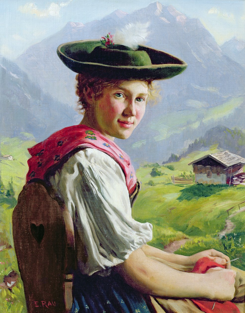 Mädchen mit Hut in Berglandschaft von Emil Karl Rau
