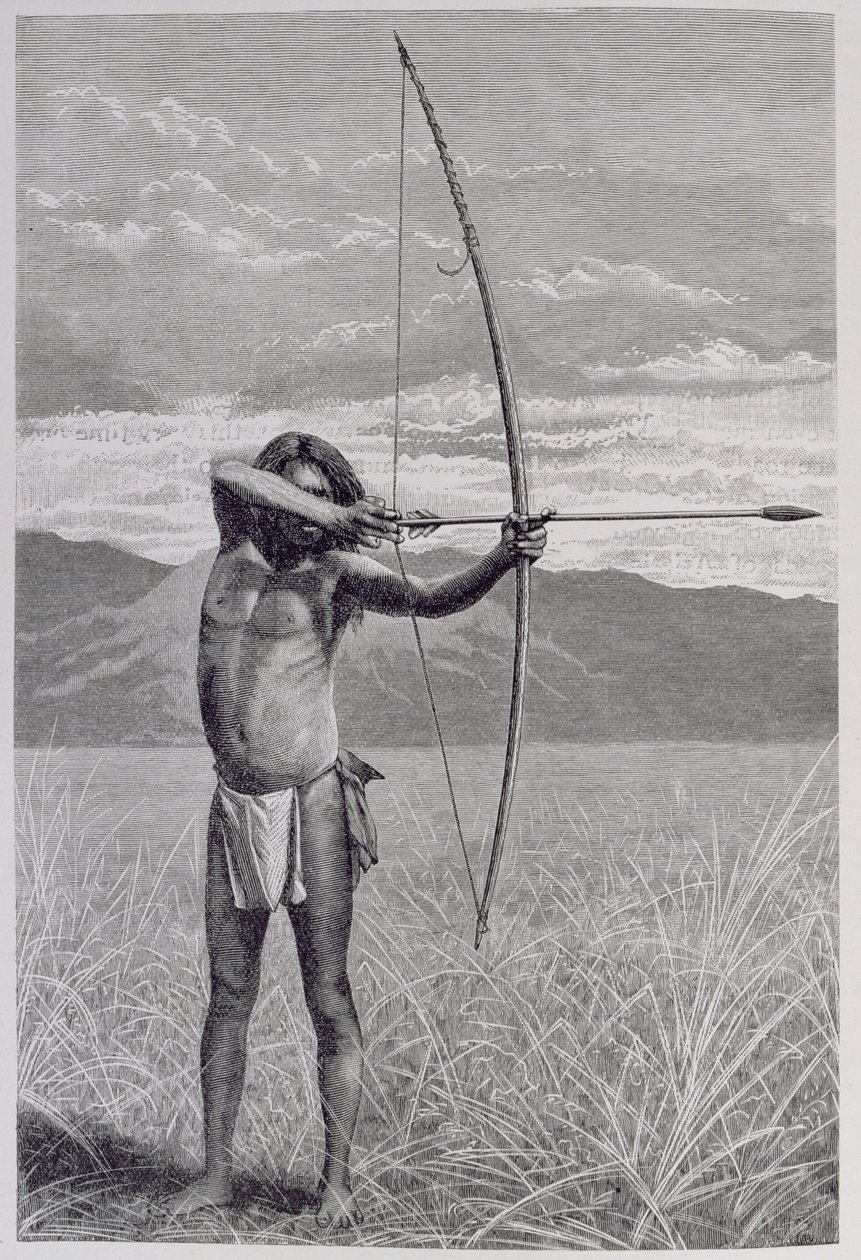 Ein Veddah aus Ceylon schießt mit dem Bogen, aus 