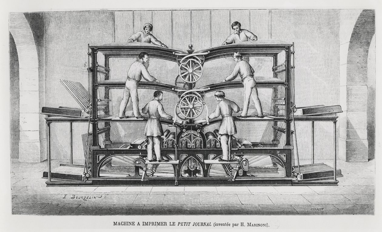 Die Druckmaschine bei Le Petit Journal, ca. 1860-70 von Emile Bourdelin