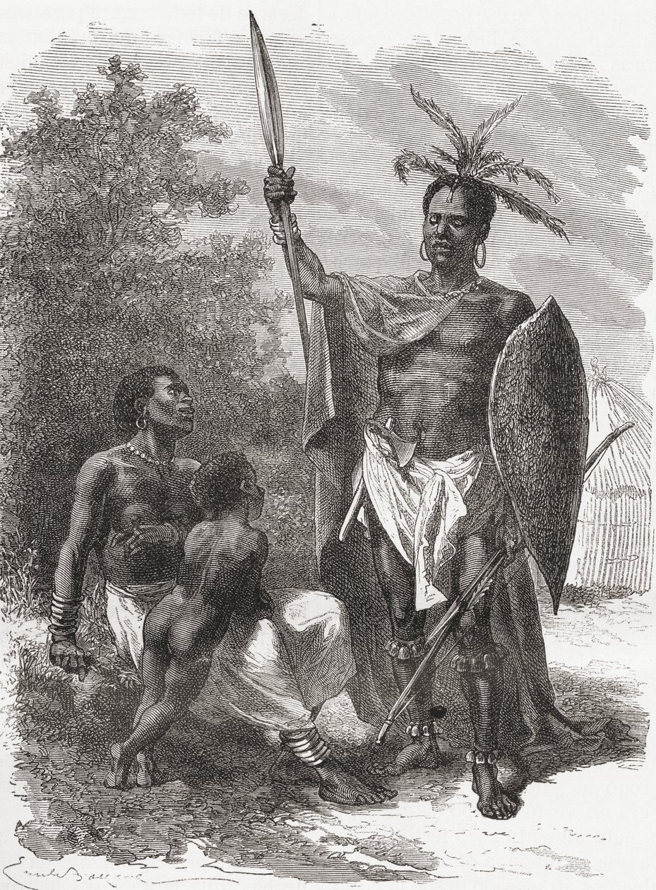 Ein Eingeborener von Ougogo, Zentralafrika, in Kriegskleidung, Illustration aus 