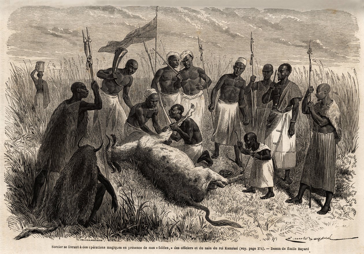 Ein Zauberer führt magische Operationen an einem geschlachteten Rind in Uganda durch, Zeichnung von Emile Bayard (1837-1891), die Captain Spekes Entdeckungsreise in Afrika von 1860 bis 1863 illustriert. Gravur in „Le tour du monde“, herausgegeben von Edoua von Emile Antoine Bayard
