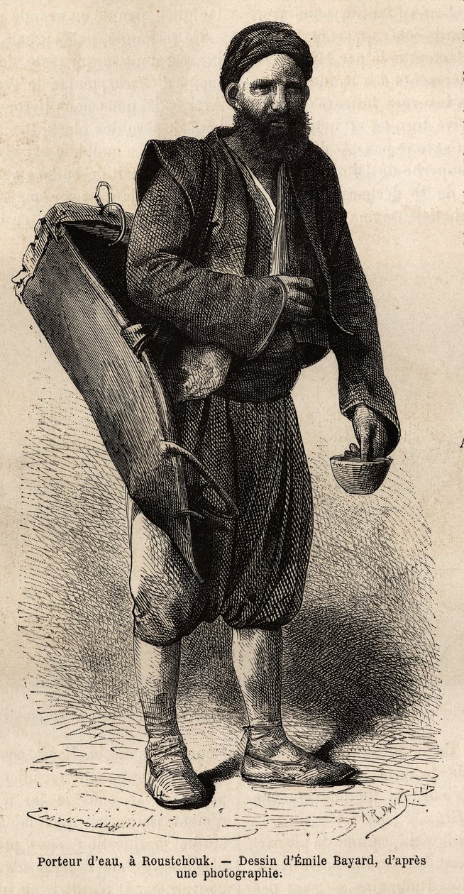 Ein Wasserträger, wandernder Händler, posiert mit seiner Ausrüstung, einer Art Tankbox und einem Behälter, der als Maß und Becher dient, in Roustchouk (Rumänien), Gravur nach einer Zeichnung von Emile Bayard, illustriert die Reise nach Bulgarien, von Guill von Emile Antoine Bayard
