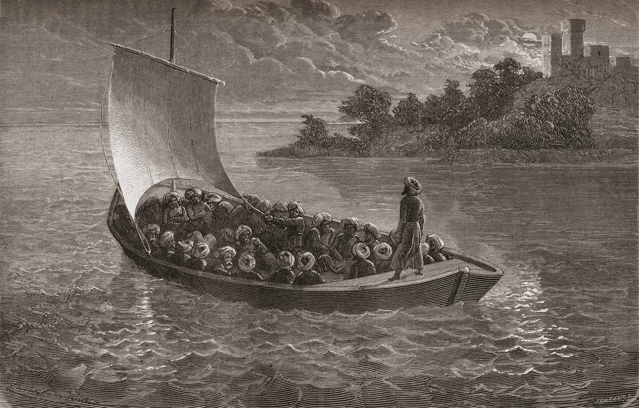 Arminio Vambery und seine Gefährten auf dem Kaspischen Meer im Jahr 1863, Illustration aus 