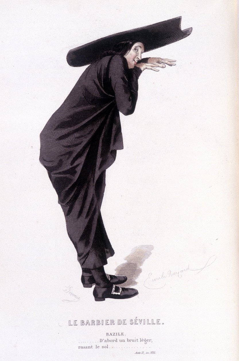 Gesamtwerk von Beaumarchais (1732-1799) von Edouard Fournier. Zeichnung von Emile Bayard. Ed. Laplace, Sanchez et Cie, Paris 1876. Dies ist Bazile in „Der Barbier von Sevilla“ von Emile Antoine Bayard