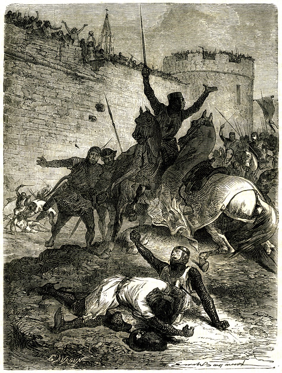 Kreuzzug gegen die Albigenser - Belagerung von Toulouse, 25. Juni 1218. Simons Bruder de Montfort wurde gerade von einem Pfeil verletzt, Simon de Montfort selbst wird von einer Katapultkugel getötet, es heißt, von einer der Frauen von Toulouse, die von Emile Antoine Bayard
