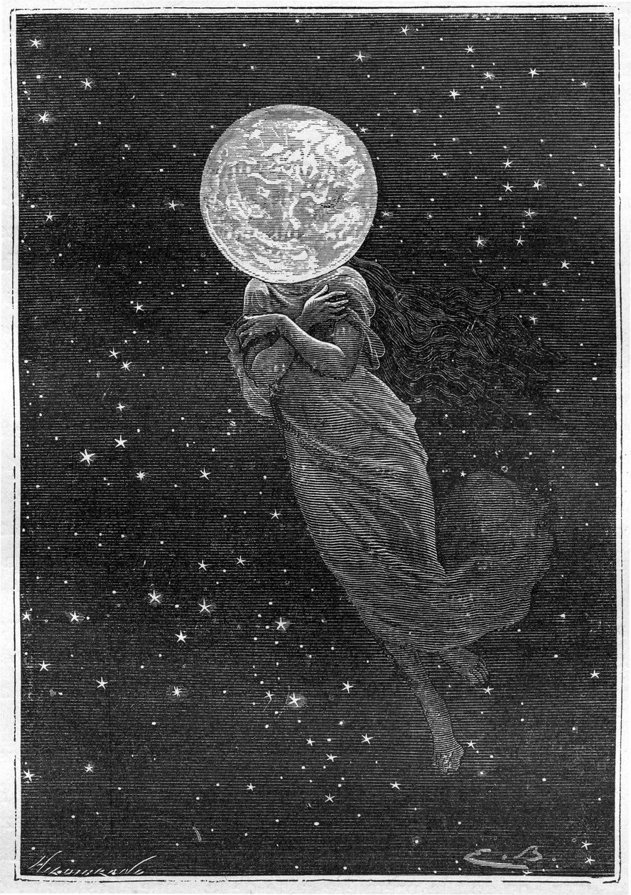 Gravur (von Emile Bayard) von Jules Vernes Buch „Rund um den Mond“ (Hetzel-Ausgabe/Voyages extraordinaire 1870): Beschreibung des Mondes, gezeichnet mit dem Körper einer jungen Frau (Text von J. Verne): „... gestopfte Oberfläche, rissig, ein echter Schauml von Emile Antoine Bayard