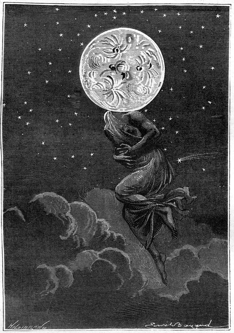 Gravur (von Emile Bayard) von Jules Vernes Buch „Rund um den Mond“ (Hetzel-Ausgabe/Voyages extraordinaire 1870): „der Mond personifiziert mit dem Körper einer jungen Frau... leidend an einer Kolik!“ von Emile Antoine Bayard