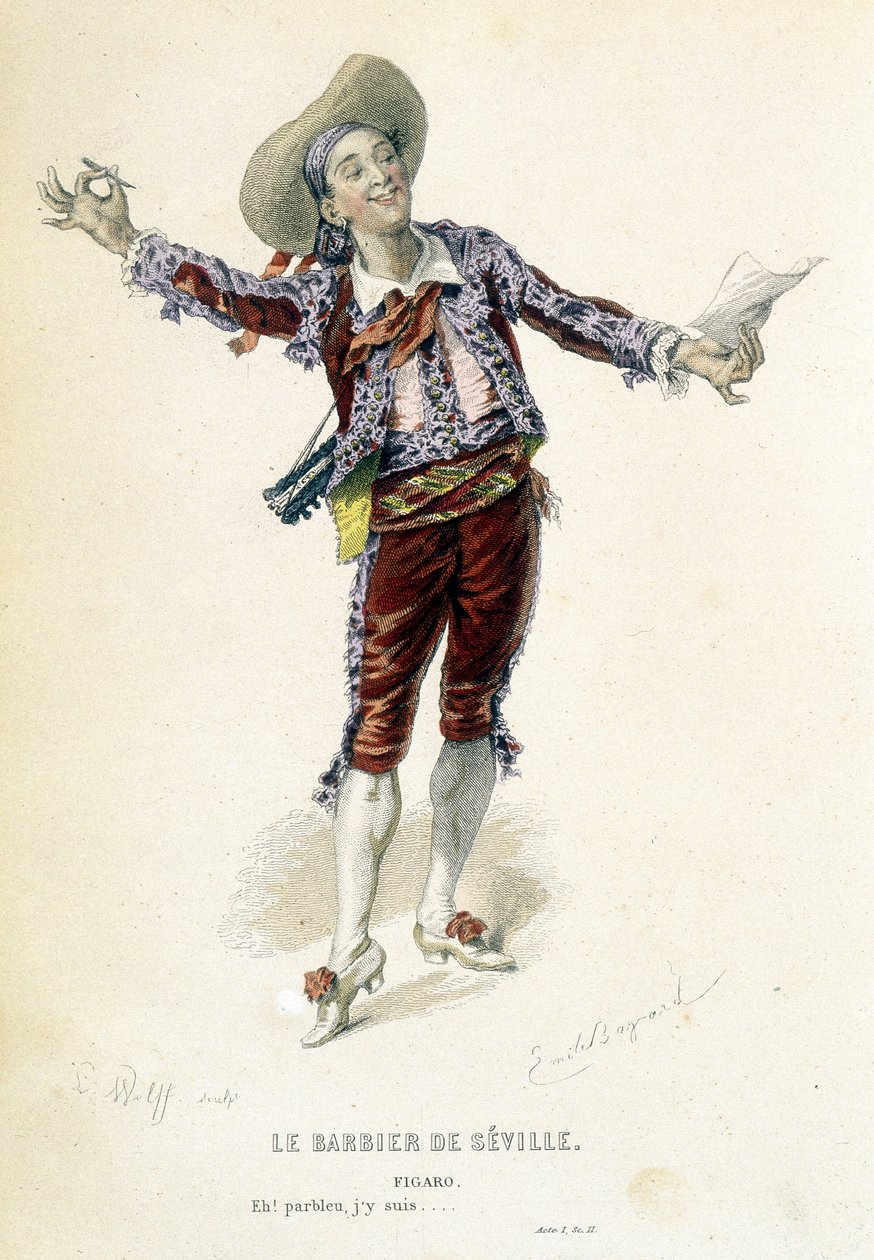 Figaro in „Der Barbier von Sevilla“ in den „Gesammelten Werken von Beaumarchais“, ed. Laplace Sanchez & cie, Paris von Emile Antoine Bayard