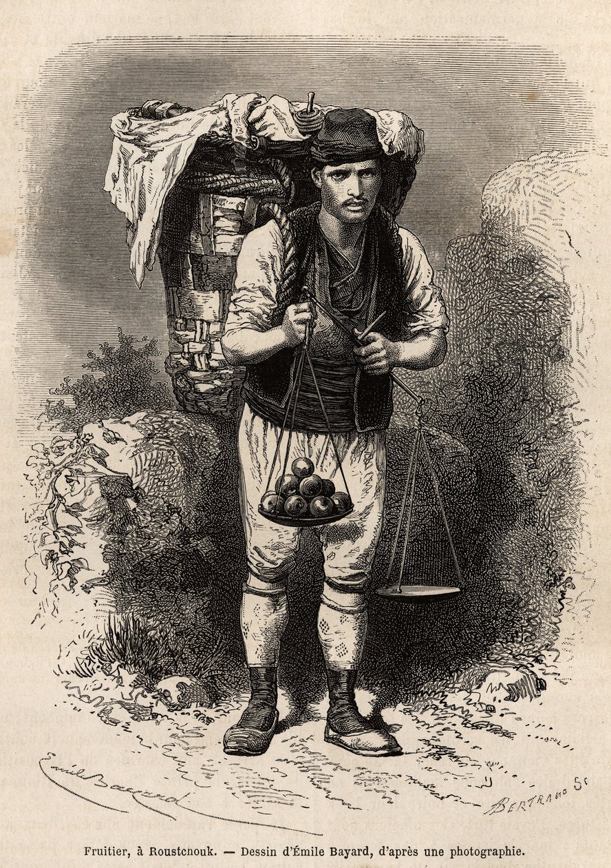 Obsthändler, ein wandernder Händler von frischem Obst, mit seiner Transporthaube und tragbaren Waage auf dem Rücken, in Roustchouk (Rumänien), Gravur nach einer Zeichnung von Emile Bayard, Illustration der Reise nach Bulgarien von Guillaume Lejean, 1867 von Emile Antoine Bayard