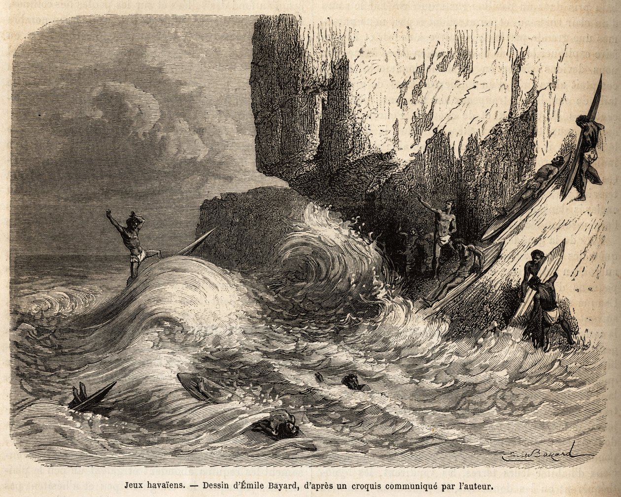 Hawaiianische Spiele am Abgrund von Mokapuu auf der Insel Oahu, die Einwohner vergnügten sich mit ihrem Lieblingsspiel: Surfen, Gravur nach einer Zeichnung von Emile Bayard, Illustration der Reise zu den Sandwich-Inseln, 1855-1869 von Emile Antoine Bayard