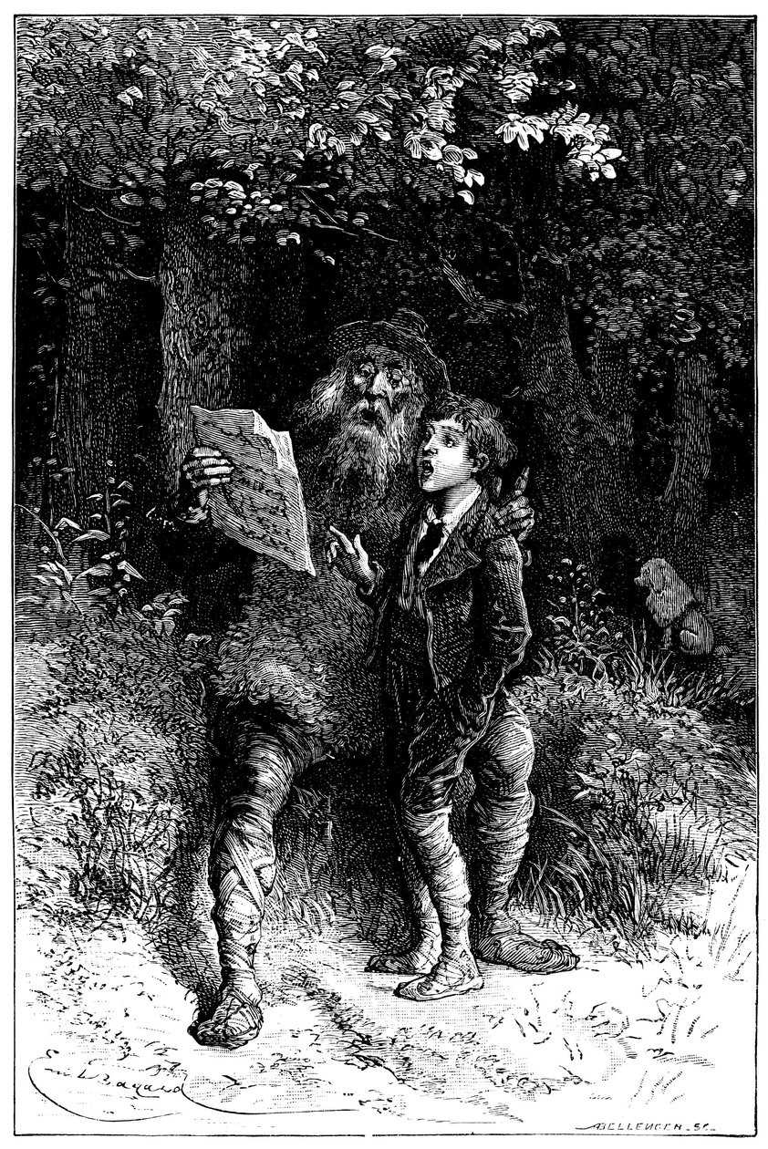 Illustration von Emile Bayard für den Roman von Hector Malot „Sans Famille“: Remi singt mit Monsieur Vitalis, reisender Künstler - Straßenmusiker, Gaukler - Edition Hetzel 1880 von Emile Antoine Bayard
