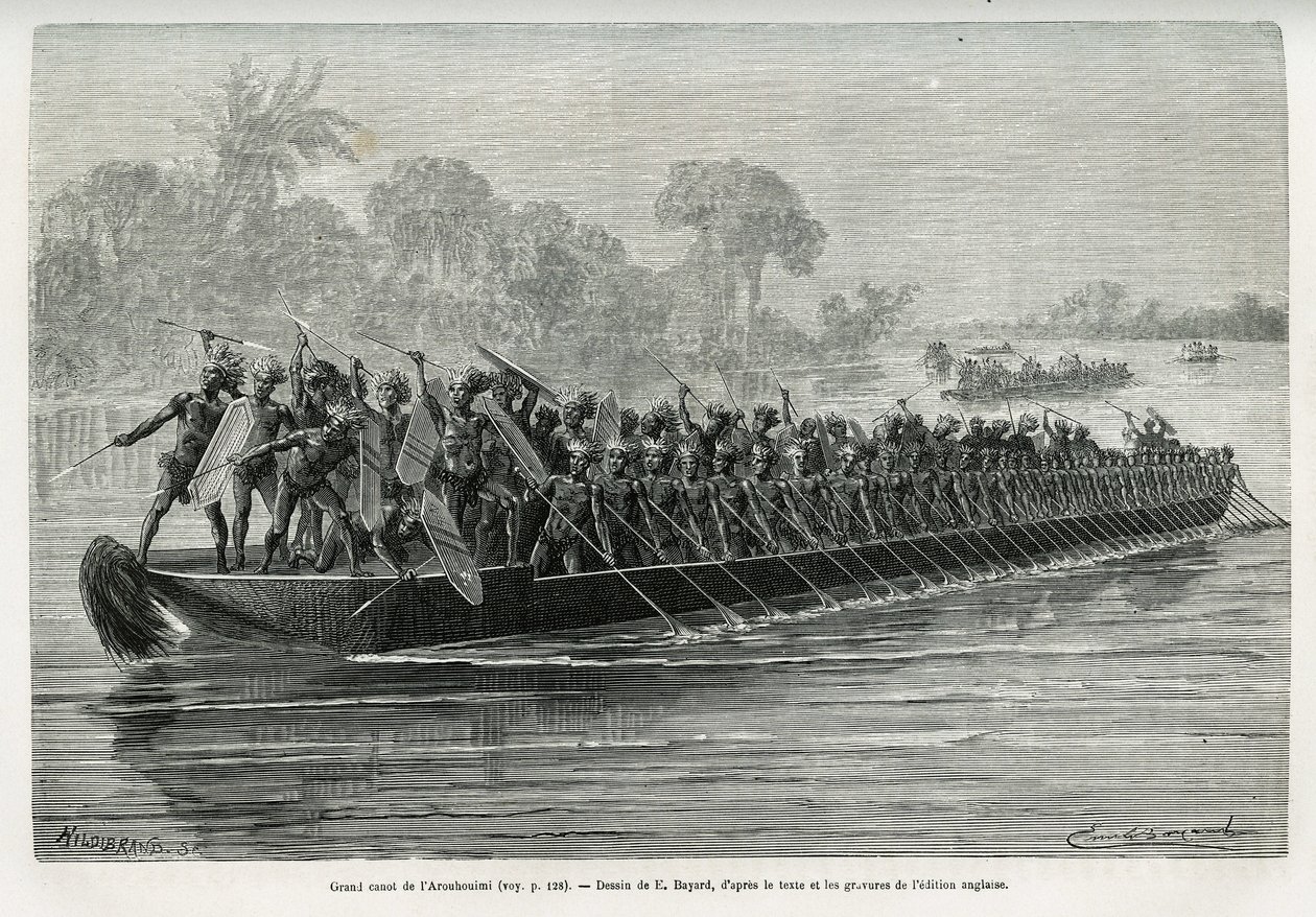 Großes Kanu der Arouhouimi, beladen mit 40 stehenden Paddlern und zwanzig Kriegern in Waffen, auf dem Livingstone-Fluss (Kongo), Zeichnung von Emile Bayard, zur Illustration der Geschichte „Durch den geheimnisvollen Kontinent“, Reise zwischen 1874-1877, v von Emile Antoine Bayard