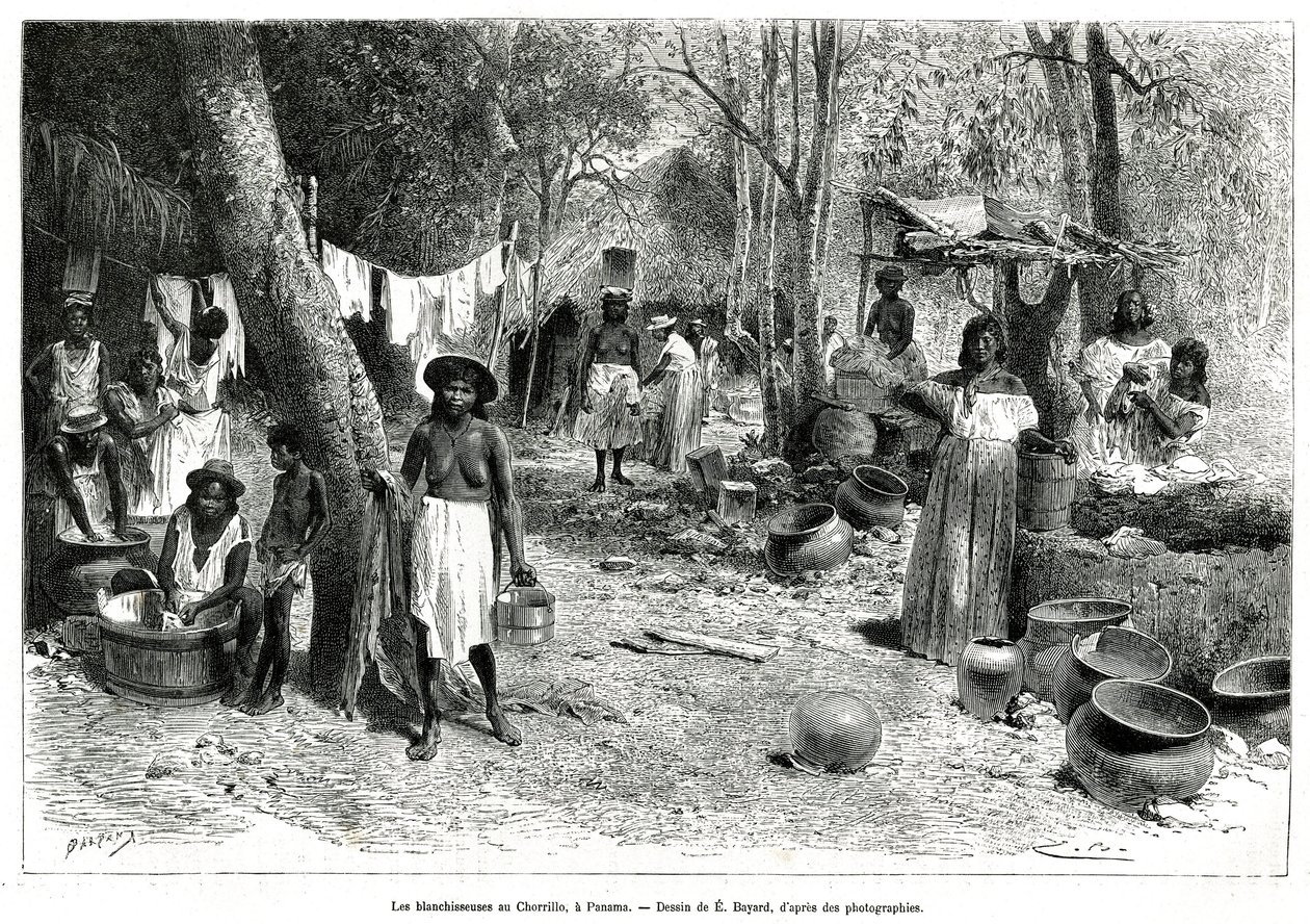 Die Wäscherinnen am Chorillo, Panama, Gravur nach einer Zeichnung von E. Bayard, zur Illustration der Geschichte „Erkundung am Isthmus von Panama und Darien“ von A. Reclus, Schiffslieutenant, von 1876 bis 1878, veröffentlicht in „Le tour du monde“, unter d von Emile Antoine Bayard