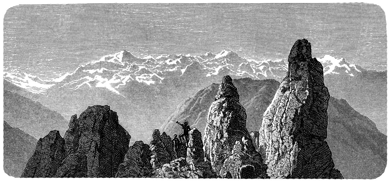 Berggipfel namens Pierre a Voir in der Nähe der Bäder von Saxon in den Walliser Alpen. Illustration von Emile Bayard für Albert Dupaignes Buch „Les Montagnes“, Ausgabe Mame 1881. von Emile Antoine Bayard
