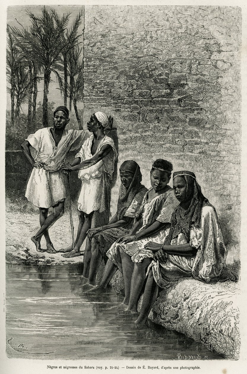 Neger und Negerinnen der Sahara, am Ufer des Oued Rihr. Gravur von E. Bayard, zur Illustration der algerischen Sahara, von V. Largeau, in den Jahren 1874-1878, veröffentlicht in Le Tour du Monde, unter der Leitung von Edouard Charton von Emile Antoine Bayard
