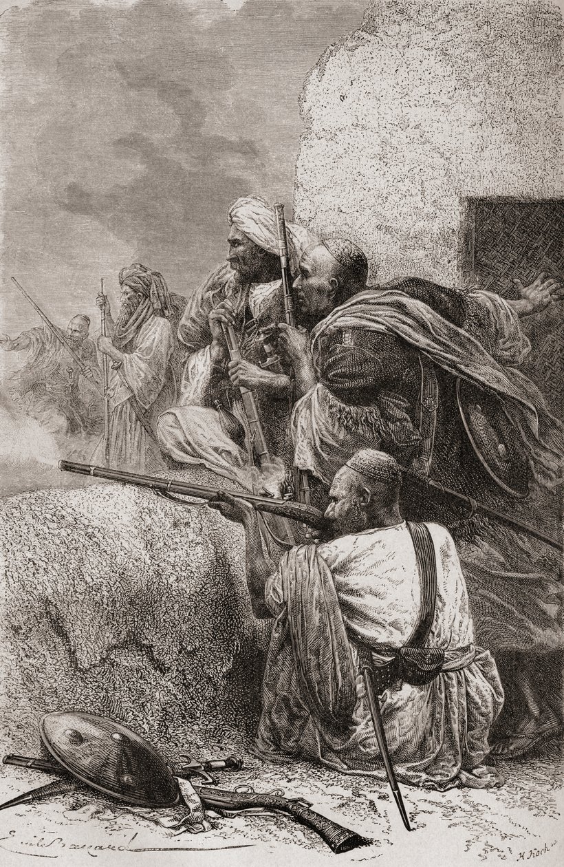 Nordafghanische Rebellen kämpfen 1878 in den Bergen von Hazara, Pakistan, gegen die Briten von Emile Antoine Bayard