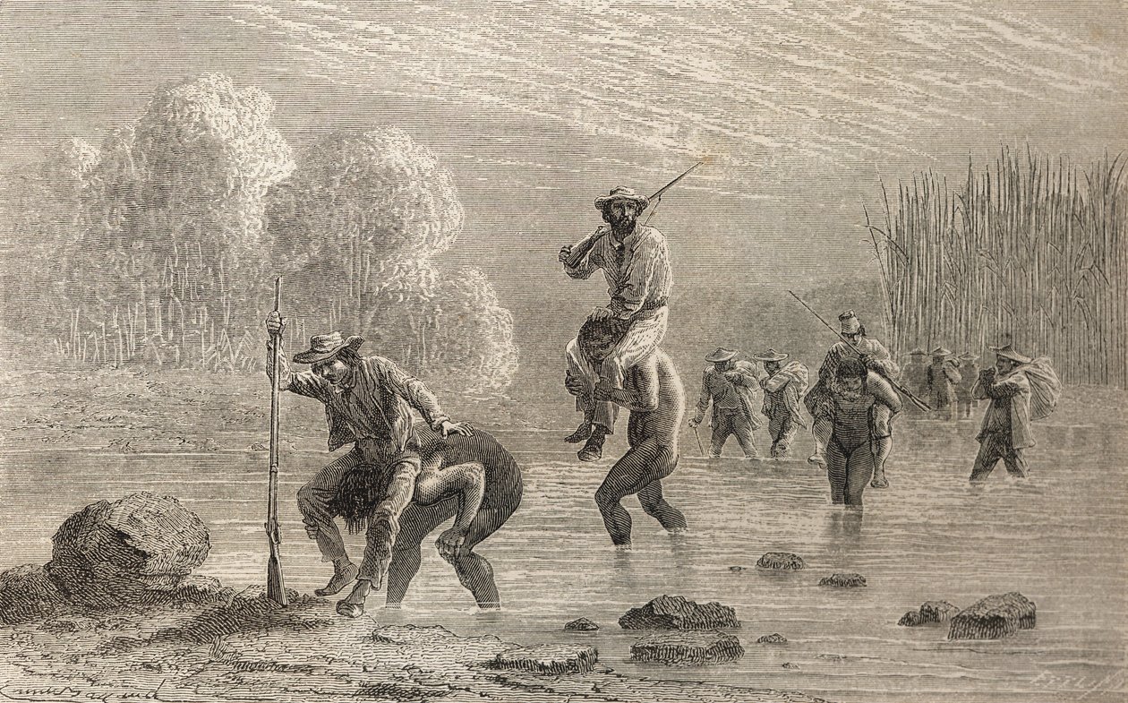 Paul Marcoy und seine Expedition werden 1874 von Chuncho-Indianern durch einen Sumpf in Argentinien getragen, Illustration aus 