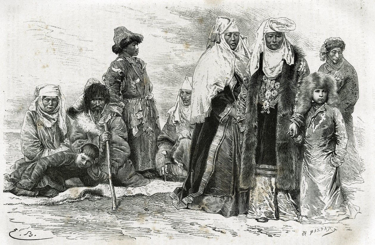 Arme und reiche Kirgisinnen. Gravur von Emile Bayard, zur Illustration von Reiseeindrücken von Orenburg nach Samarkand, von Marie de Ujfalvy-Bourdon, zwischen 1876 und 1878, in Le Tour du Monde, unter der Leitung von Edouard Charton von Emile Antoine Bayard