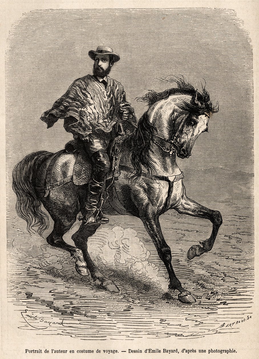 Porträt des Autors, auf seinem Reittier, in seiner Reisekleidung, Gravur nach einer Zeichnung von Emile Bayard zur Illustration der Geschichte über die Wüste von Acatama und Caracoles (Südamerika), von Ingenieur A. Bresson, 1870-1874, veröffentlicht in „Le von Emile Antoine Bayard