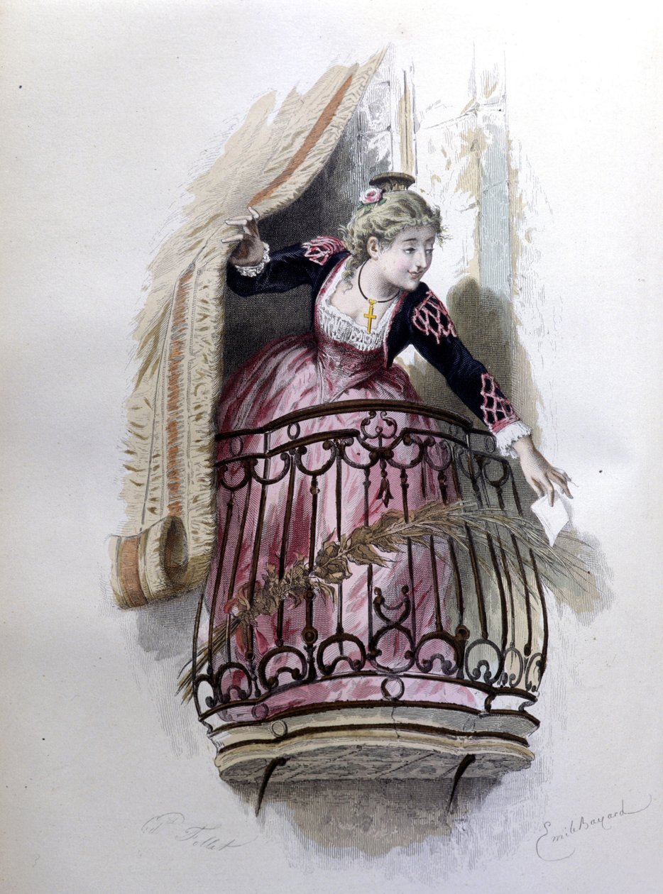 Rosine, Figur aus „Der Barbier von Sevilla“ von Beaumarchais, 1773. Illustration von Emile Bayard von Emile Antoine Bayard