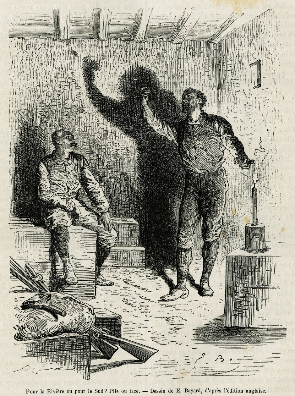 Sir Henri Morton Stanley (1841-1904) und Franck Pock, sein Begleiter bei der Erkundung, entscheiden per Münzwurf über die Route ihrer Reise, Zeichnung von Emile Bayard, zur Illustration der Geschichte "Durch den geheimnisvollen Kontinent" (Äquatorialafrika von Emile Antoine Bayard