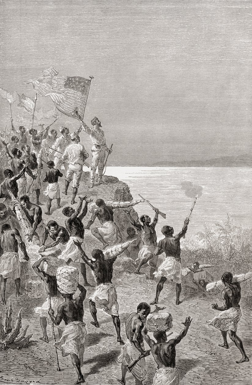 Stanley und seine Expedition sehen zum ersten Mal den Tanganjikasee, Ostafrika, 1872, Illustration aus 