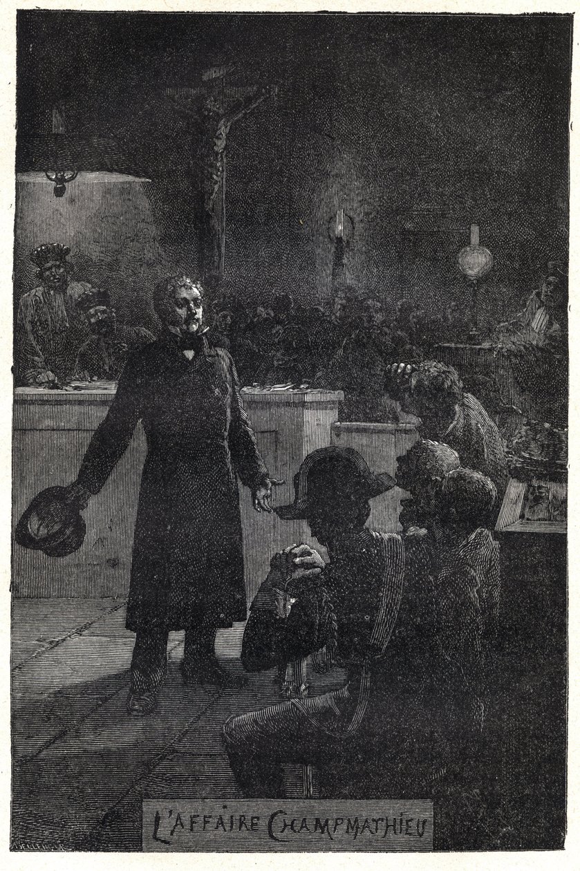 Der Fall Champmathieu: Monsieur Madeleine enthüllt seine wahre Identität im Prozess gegen einen armen Mann, Champmathieu, seinen Doppelgänger, um zu verhindern, dass er an seiner Stelle verurteilt wird - Illustration von Émile Bayard für „Die Elenden“ von Emile Antoine Bayard