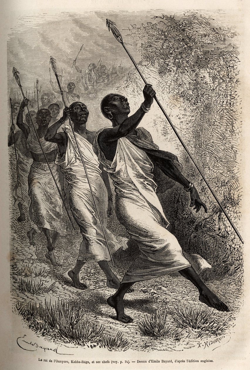 Die Ankunft von Kabba Rega, König der Ounyoro (Ost-Sudan) und die Häuptlinge seines Hofes, im Lager von Sir Baker zu einem offiziellen Besuch, graviert nach einer Zeichnung von Emile Bayard, zur Illustration einer Expedition in Zentralafrika, zur Unterdrüc von Emile Antoine Bayard