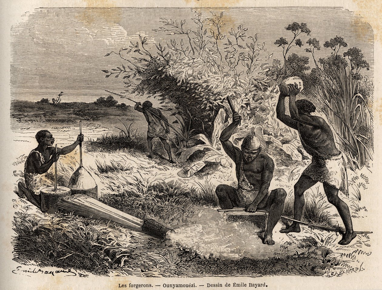 Die Schmiede im Ounyamouezi (Region der Großen Seen, Afrika), Zeichnung von Emile Bayard (1837-1891), Illustration der Entdeckungsreise in Afrika von 1860 bis 1863 von Captain Speke. Gravur in „Le tour du monde“, herausgegeben von Edouard Charton von Emile Antoine Bayard