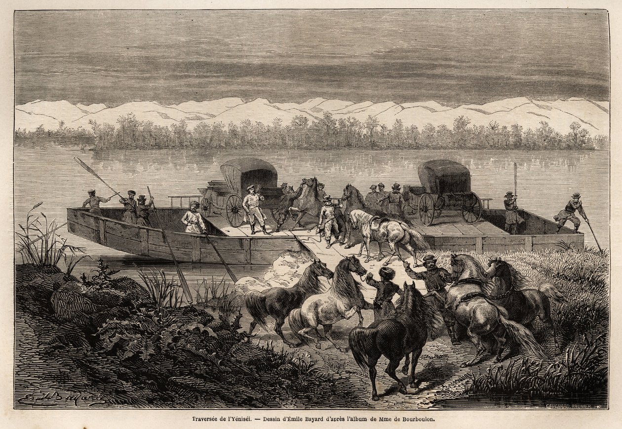 Die Überquerung des Jenissei-Flusses (Russland), Zeichnung von Emile Bayard (1837-1891) zur Illustration der Reise von Shanghai nach Moskau, von 1859 bis 1862, von M. de Bourboulon, Minister von Frankreich in China. Gravur in „Le tour du monde“, herausgege von Emile Antoine Bayard