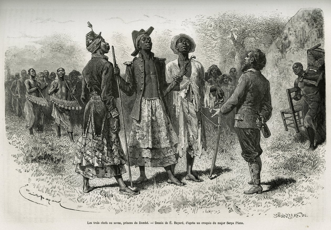 Die drei Anführer (oder Sovas), Prinzen von Dombe (Angola), und ihre Suite von Musikern und Höflingen, die dem Entdecker S. Pinto entgegenkommen. Gravur von Emile Bayard, zur Illustration der Geschichte, wie ich Afrika durchquert habe, vom Atlantischen Oze von Emile Antoine Bayard