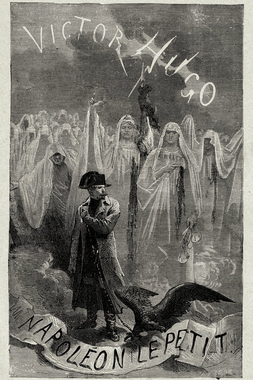 Titelseite von Victor Hugos Buch "Napoleon der Kleine" (Napoleon III. hält eine Adlerkette). Gravur von Emile Bayard von Emile Antoine Bayard