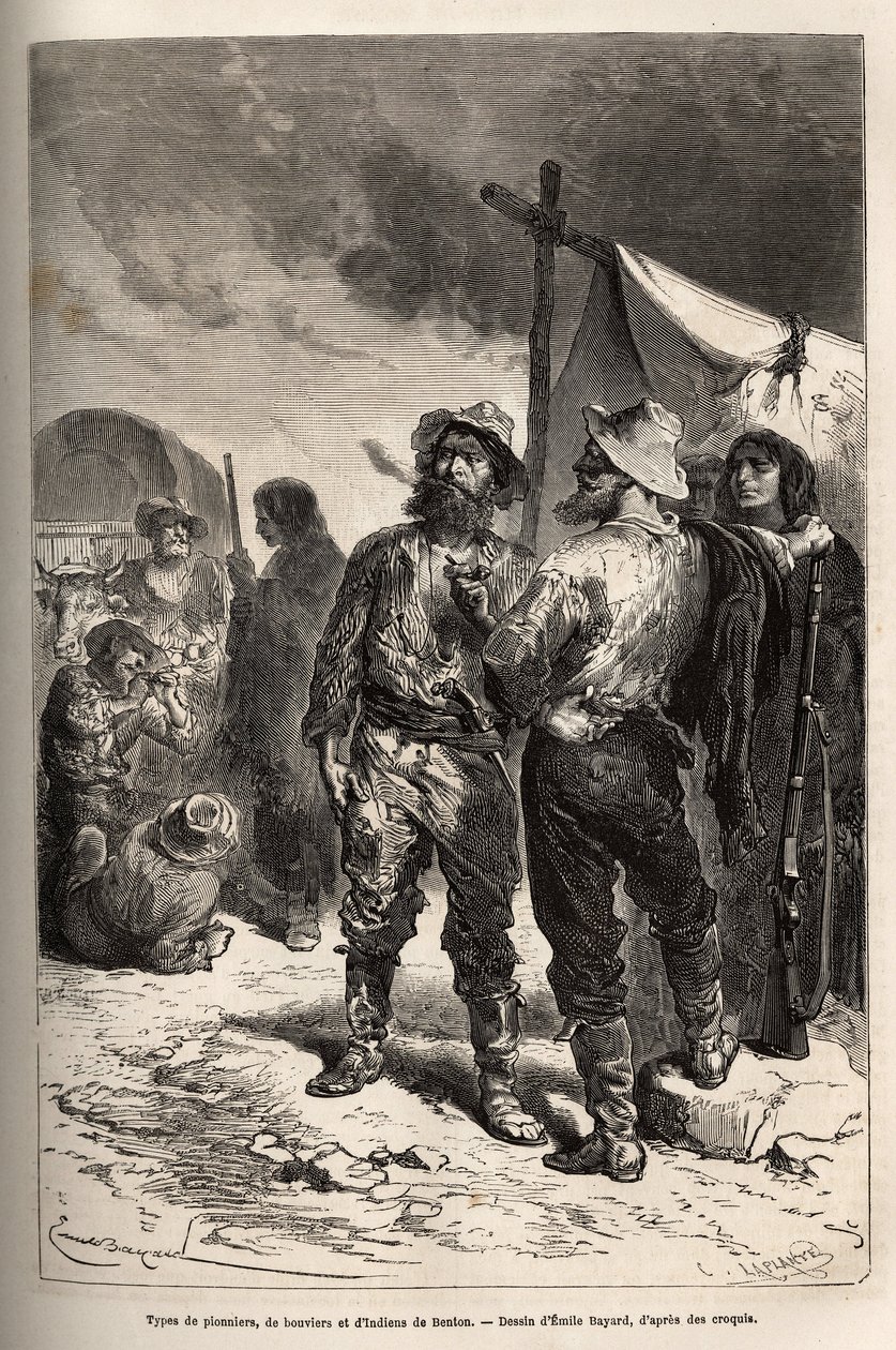 Typen von Pionieren, Viehtreibern und Indianern von Benton (Montana), Gravur nach der Zeichnung von Emile Bayard, zur Illustration der Reise von Washington nach San Francisco, 1868, von L. Simonin, veröffentlicht in „Le tour du monde“ 1874, herausgegeben v von Emile Antoine Bayard