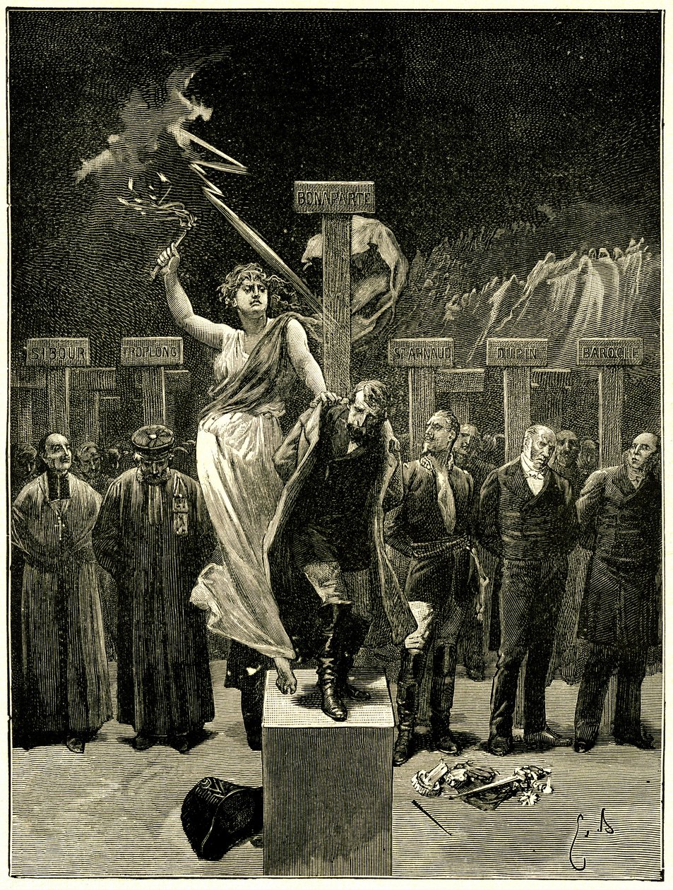 Victor Hugo, Les Chatiments, Illustration von Emile Bayard. Es wäre ein Fehler zu glauben, dass diese Dinge mit Liedern und Apotheosen enden werden. Es wird gesagt, dass diese Evokation der Zukunft Napoleon III. Schrecken einjagte. von Emile Antoine Bayard