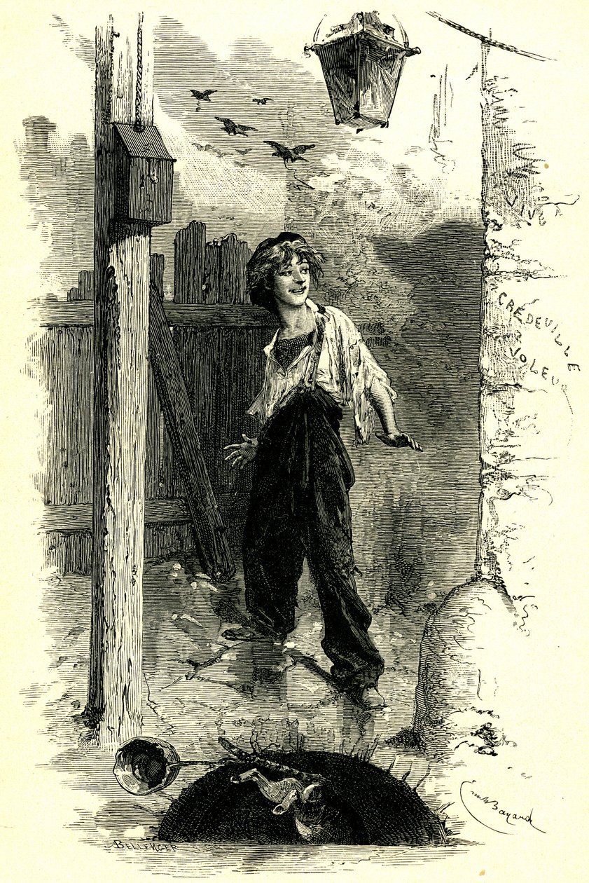 Victor Hugo: Les Miserables. Gavroche, Kind aus Paris. Illustration von Emile Bayard. von Emile Antoine Bayard