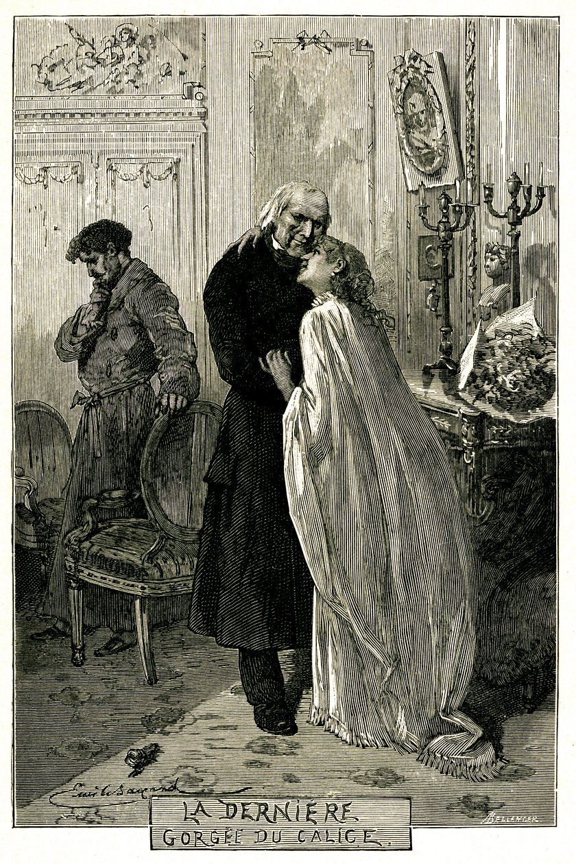 Victor Hugo "Die Elenden", "Der letzte Schluck aus dem Kelch". Illustration von Emile Bayard. Der ehemalige Sträfling Jean Valjean wurde alt mit Cosette und Marius. Gravur der Ollendorff-Ausgabe 1906 von Emile Antoine Bayard