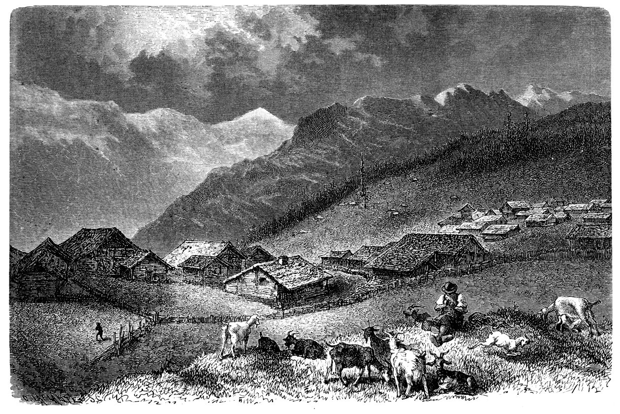 Dorf in den Alpen. Mürren, im Berner Oberland, Höhe 1630 Meter. Schäfer, der seine Herde von Ziegen und Schafen hütet. Illustration von Emile Bayard für Albert Dupaigne