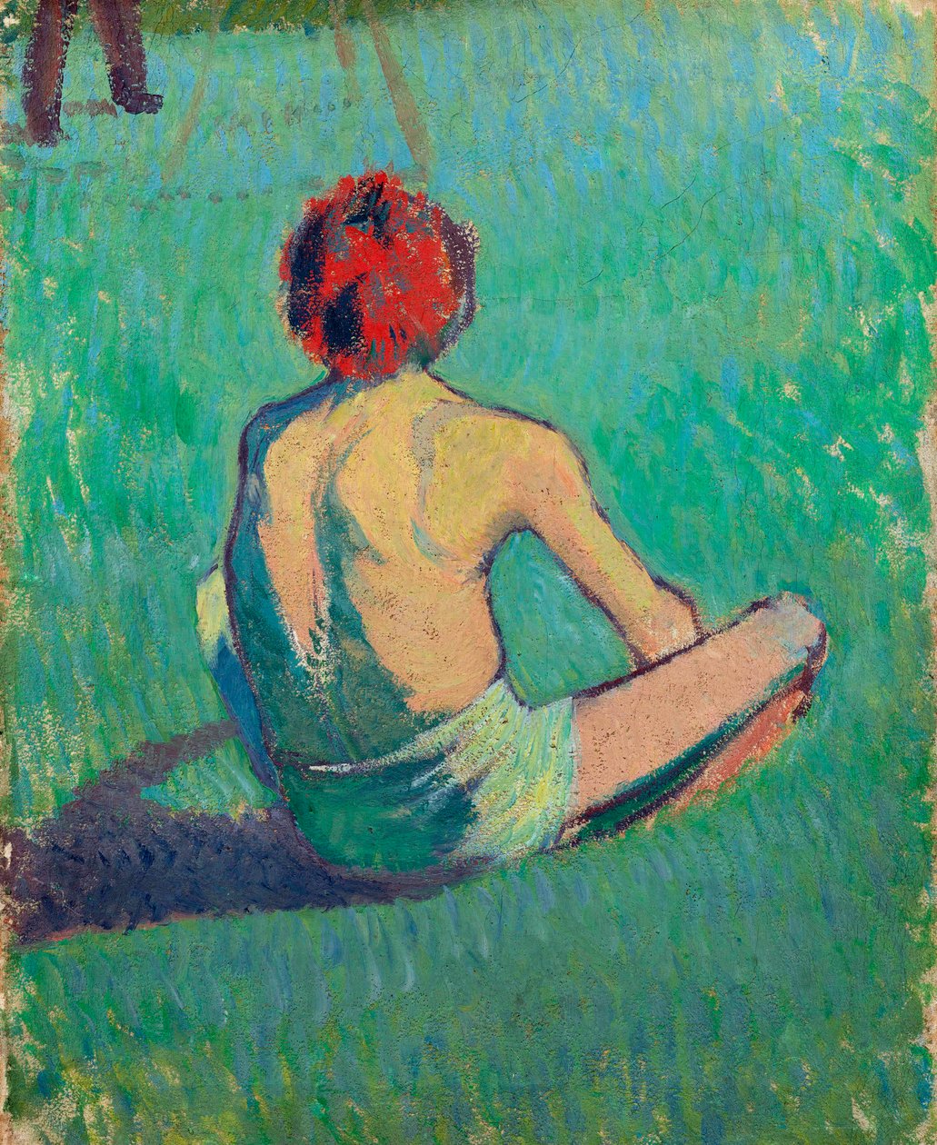 Junge sitzt im Gras - Emile Bernard, Öl auf Leinwand von Emile Bernard