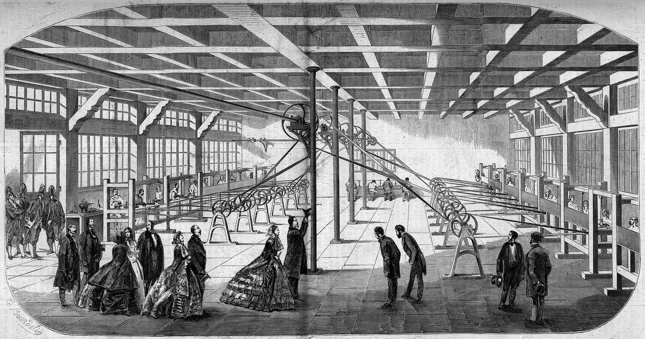 Innenansicht des Diamantschleifens von Messrs. Gaensly und Bernard nahe der Barriere von Maine im Jahr 1859, während des Besuchs von Napoleon III (1808-1873) und der Kaiserin Eugénie (Eugénie de Montijo) von Emile Bourdelin