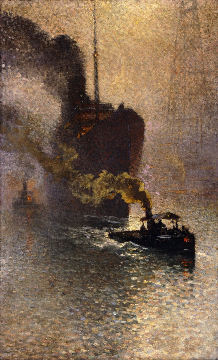 Im Schlepptau auf der Themse im Nebel, 1918 von Emile Claus