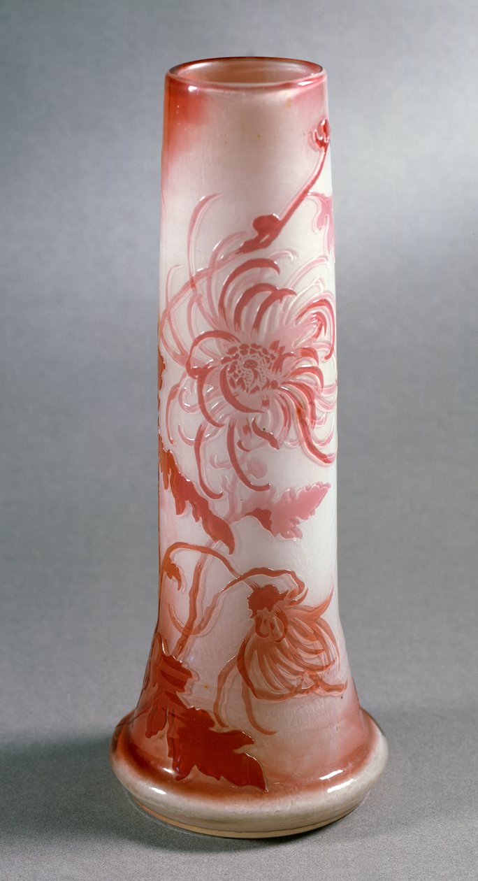 Doppelglasvase mit roter Chrysanthemen-Dekoration, ca. 1900, Frankreich von Emile Galle