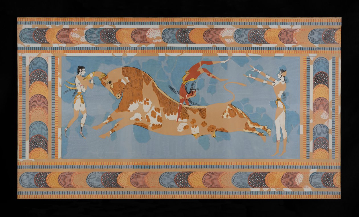 Gemälde des restaurierten Taureador-Freskos aus dem Palast von Knossos von Emile Gilliéron