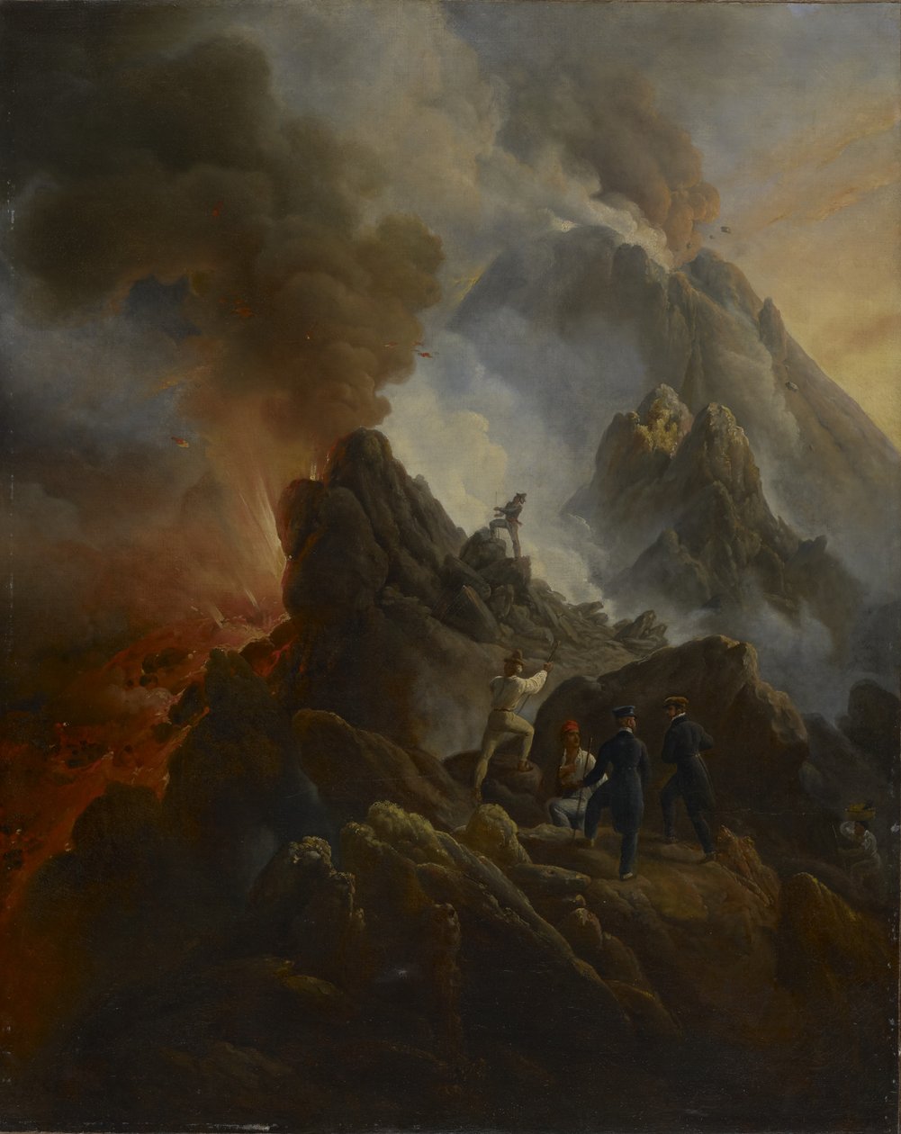 Der Vesuv bricht aus, der Künstler und sein Vater, Carle Vernet, im Vordergrund von Emile Jean Horace Vernet