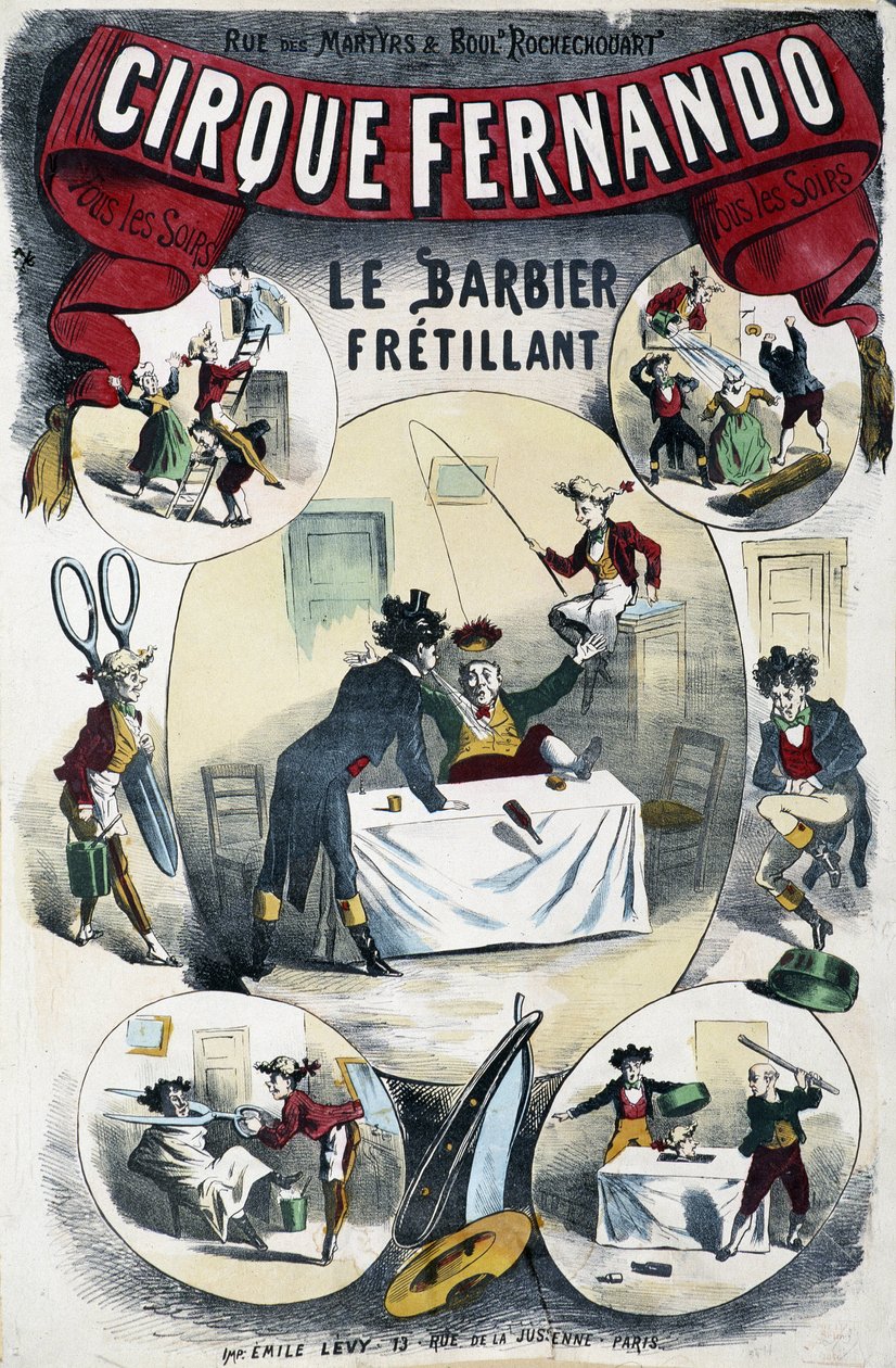 Cirque Fernando: Der schreibende Barbier - Plakat von Lévy, Ende des 19. Jahrhunderts von Emile Levy
