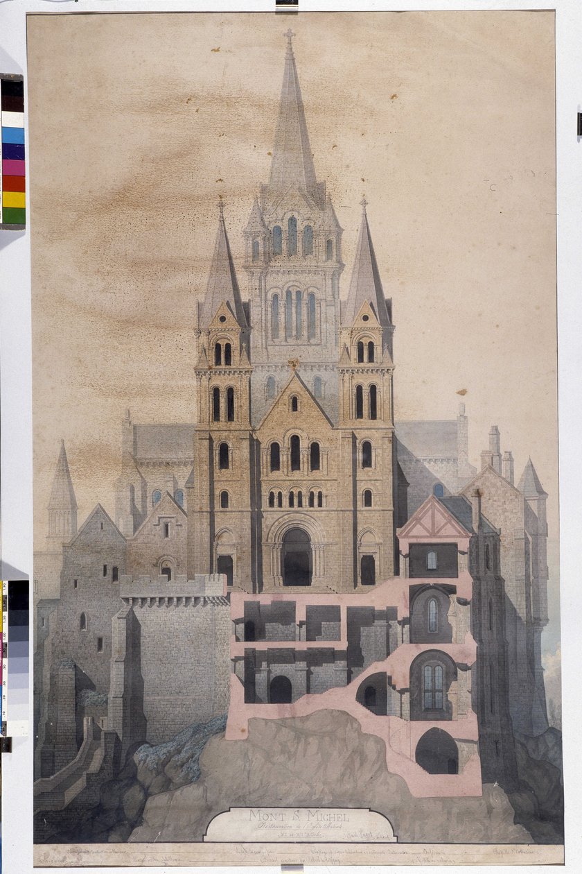Gotische Architektur: Fassade der Kirche und Schnitt der Abteihäuser. Zeichnung des Stadtmuseums von Avranches (Manche) von Emile Sagot