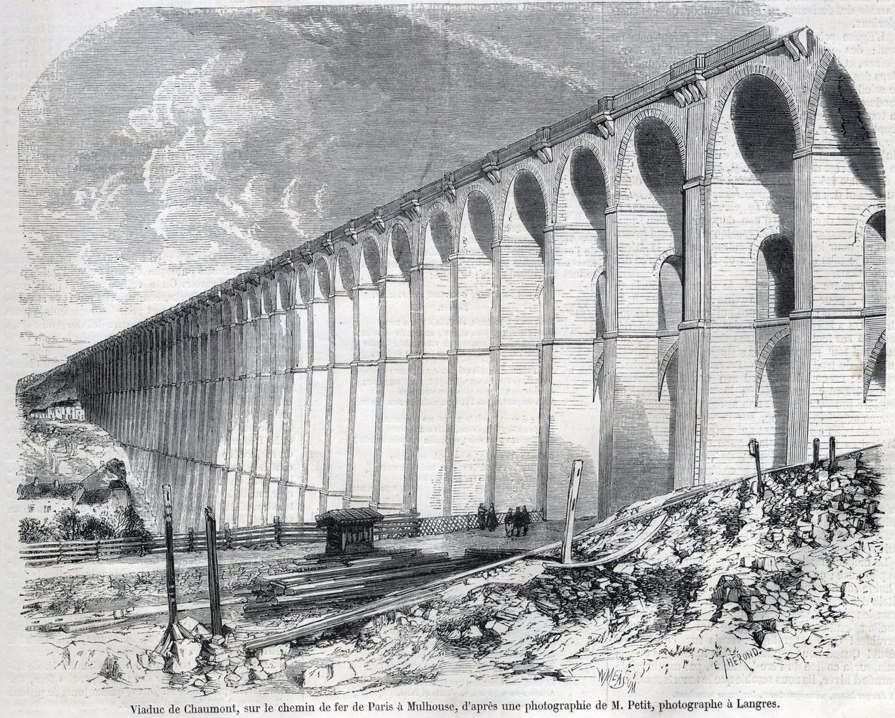 Chaumont-Viadukt auf der Eisenbahnstrecke von Paris nach Mülhausen. Gravur nach einer Skizze von Ralph in „The Illustrous World“, 09.05.1857. Private Sammlung. von Emile Theodore Therond