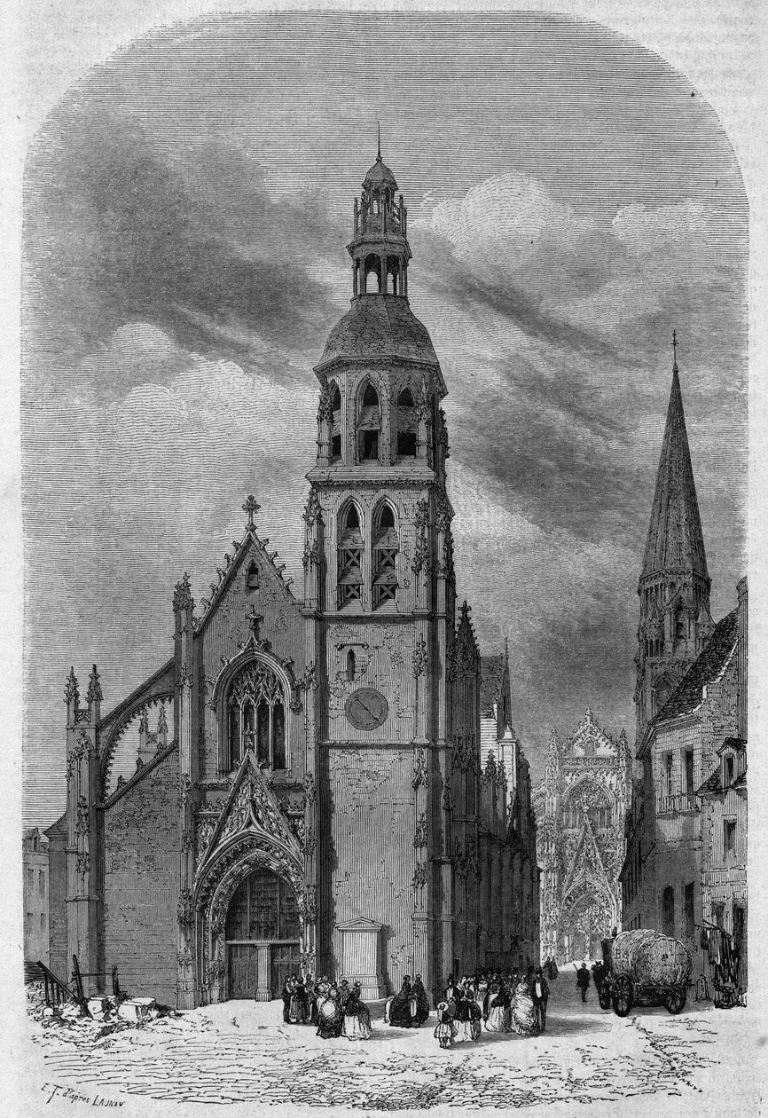 Außenansicht der Kirche Saint Martin (15.-16. Jahrhundert) von Vendôme, Loir-et-Cher (41), vor ihrem Abriss im Jahr 1857. Gravur von Therond in „Le Magasin Pittoresque“ von Emile Theodore Therond