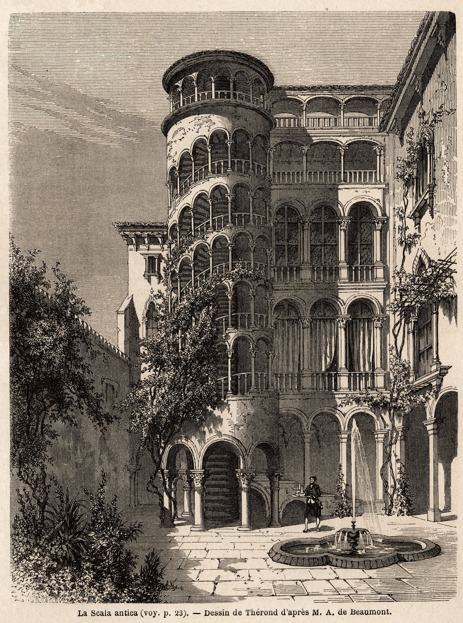 La Scala Antica, Zeichnung von Therond, zur Illustration von Adalbert de Beaumonts Reise nach Venedig um 1850. Gravur in „Le tour du monde“, herausgegeben von Edouard Charton von Emile Theodore Therond
