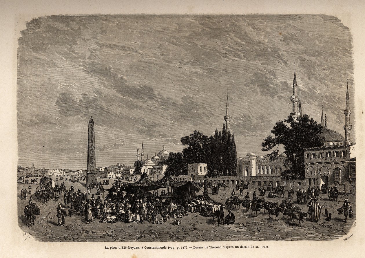 Der Platz von Ett Meydan in Konstantinopel (heutiges Istanbul, Türkei). Zeichnung von Therond zur Illustration der Studie über türkische Frauen 1862 von F. Jerusalemy. Gravur in „Le tour du monde“, herausgegeben von Edouard Charton von Emile Theodore Therond