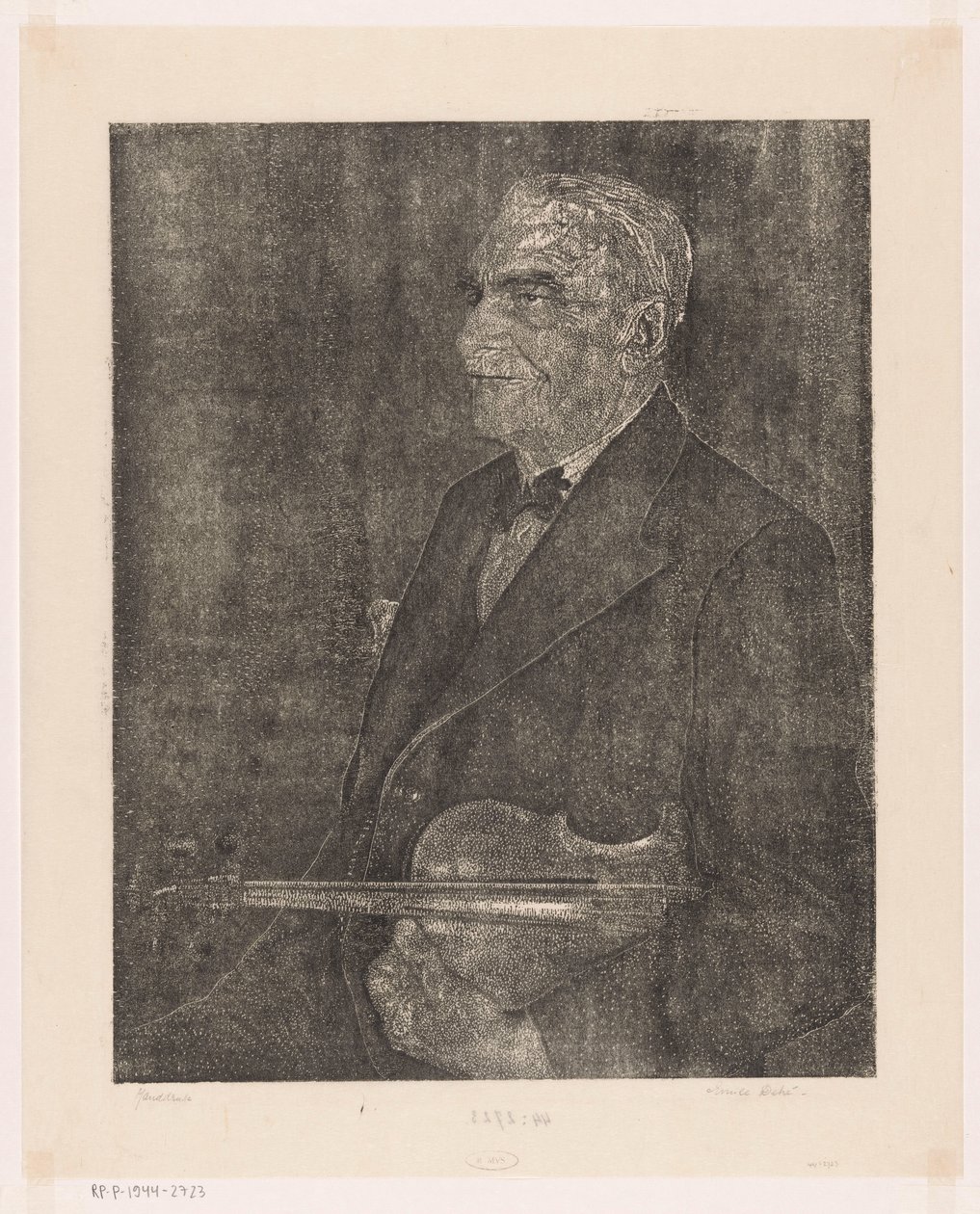 Porträt des Vaters des Künstlers mit Geige von Emilius Wilhelmus Dehé (signed by artist)